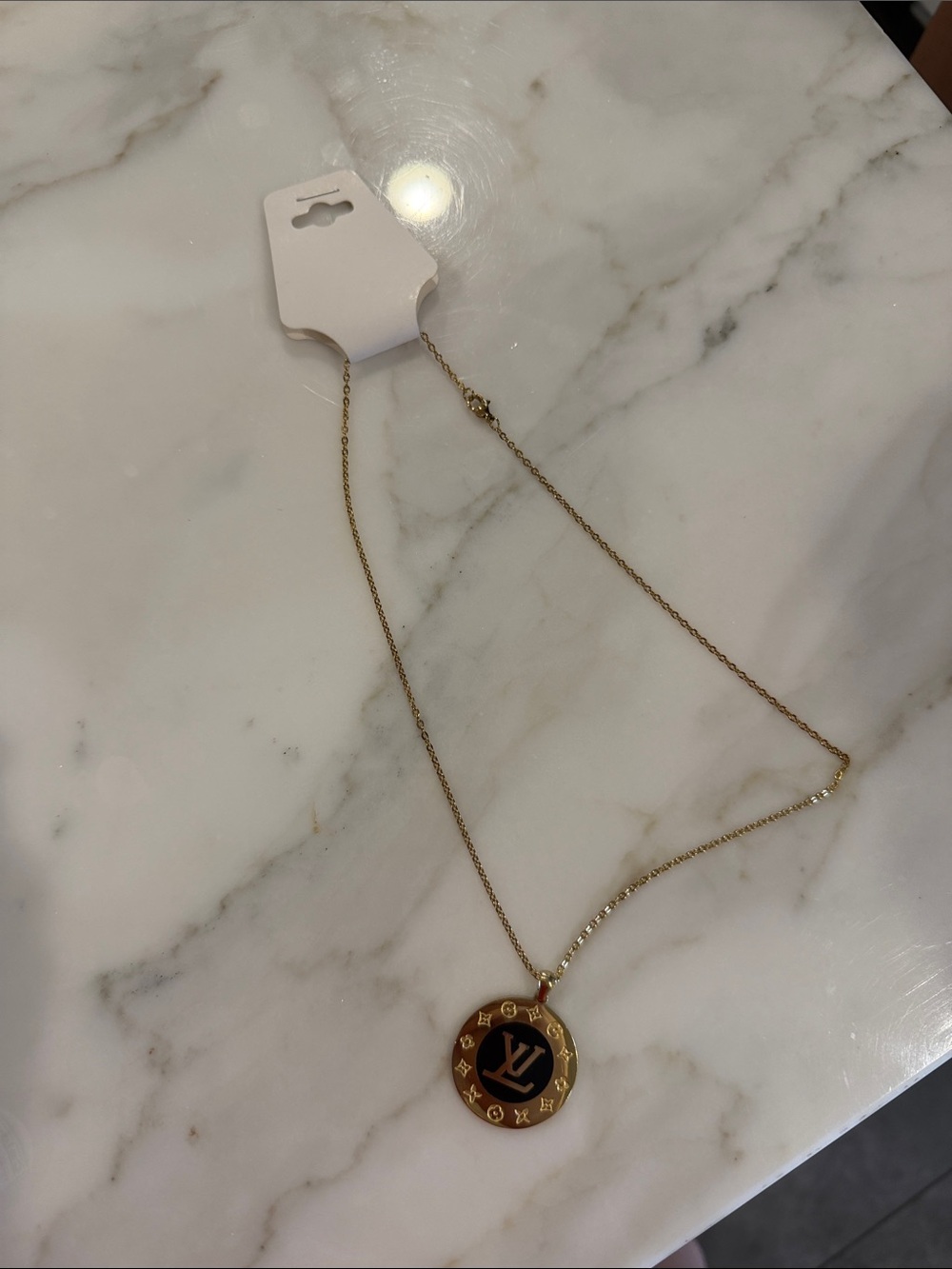 Louis Vuitton Gold and Black Round Logo Pendant Necklace